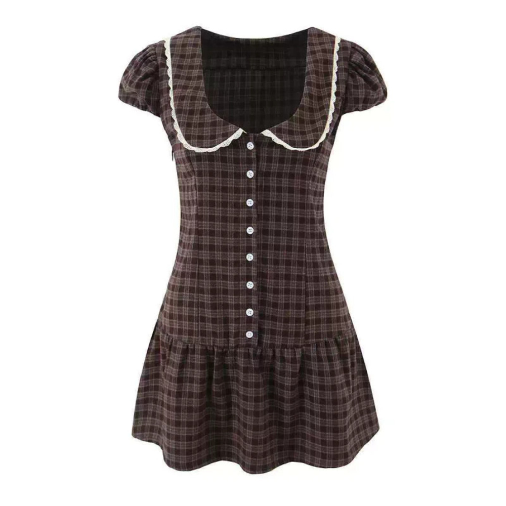 ZARA Summer Retro Plaid Baby Doll Collar Single Breasted Dress